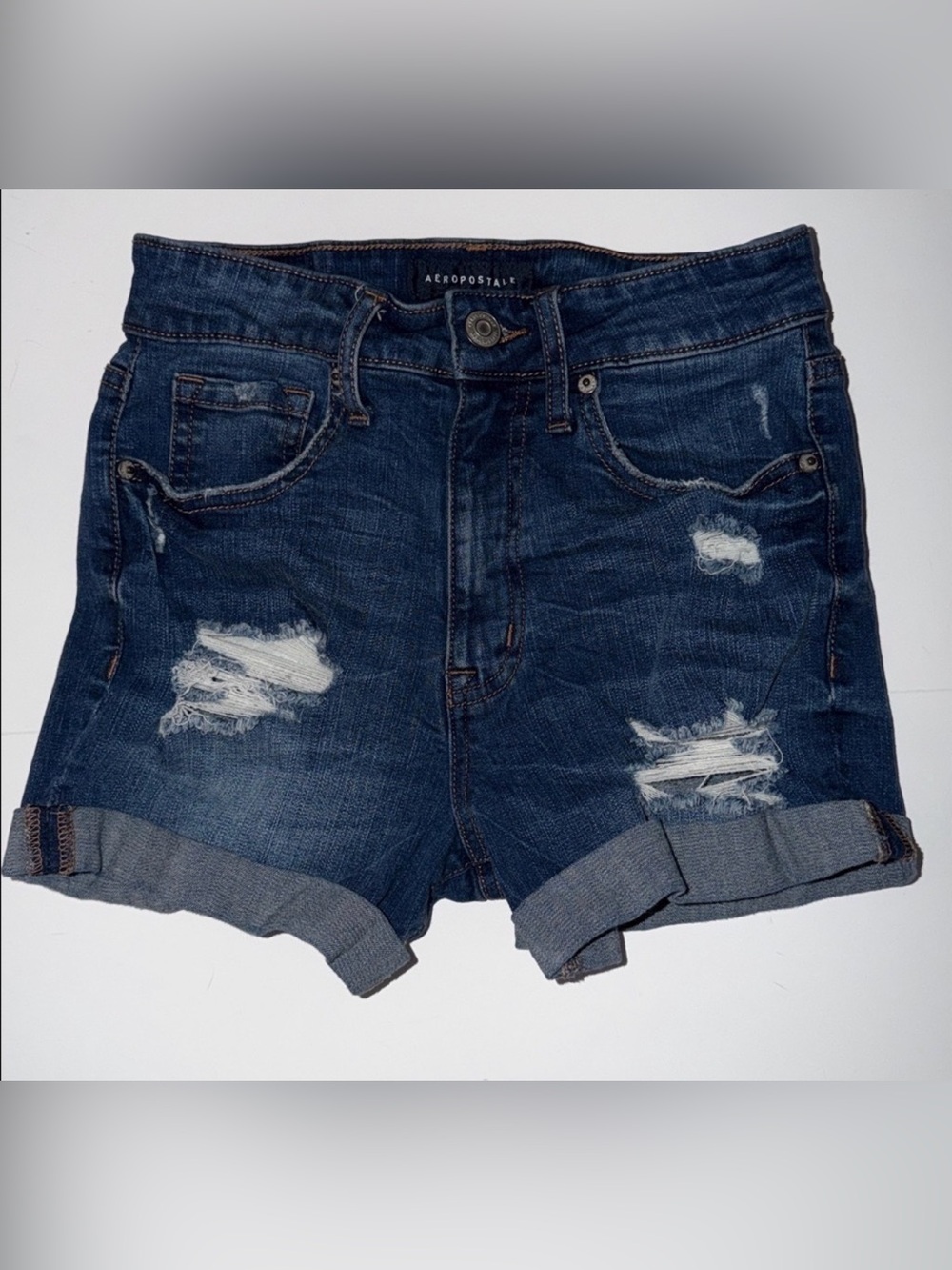 Aeropostale Super High Rise Midi jean shorts Stretchy Distressed Shorty Jorts